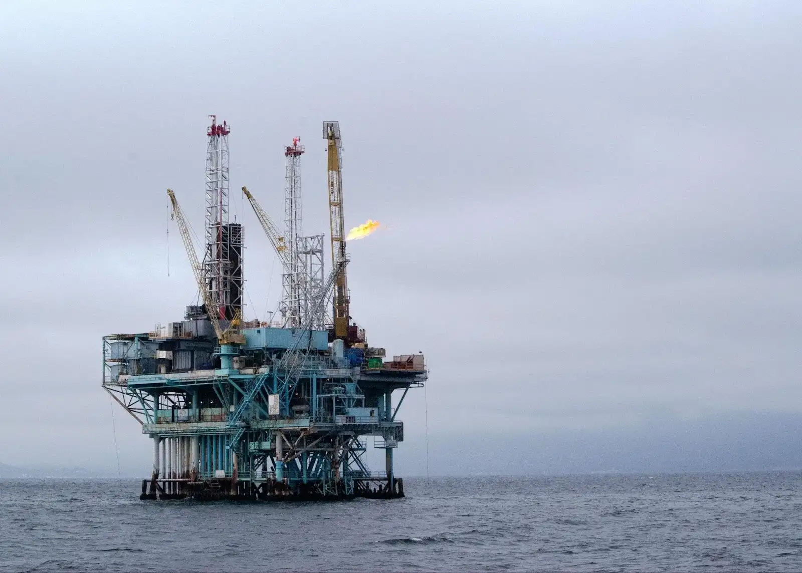 Oil Rig constructed on the ocean after a successful offshore seismic survey at an oil reservoir.