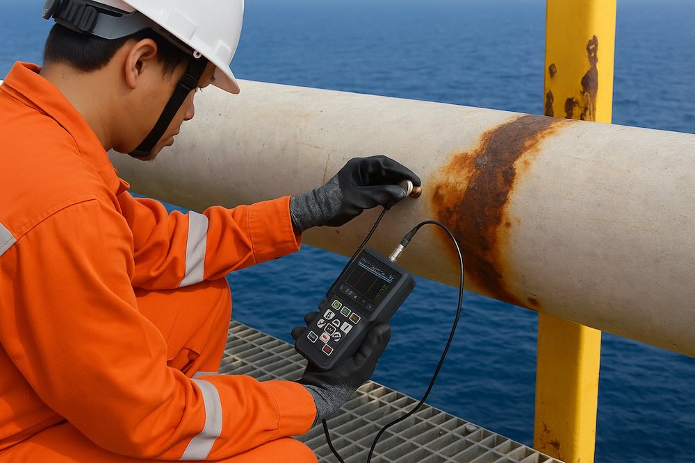 A technician in PPE uses ultrasonic inspection and monitoring tools to assess pipeline corrosion on an offshore platform, demonstrating asset integrity in oil practices to minimise the risk of asset failure and protect the environment.