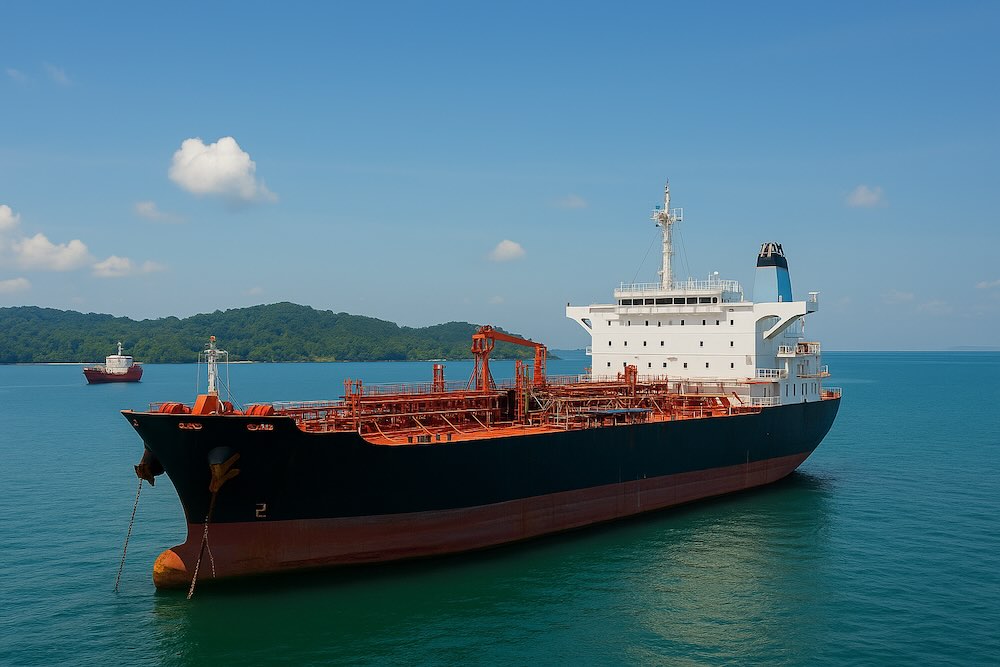 An idle oil tanker preserved in lay-up off Labuan, Malaysia, with minimal crew on board, showcasing Altus’s shipcare and reactivation readiness.